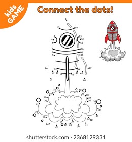 Dot to dot game for children. Connect the dots by numbers and draw a cartoon space rocket launch. Spaceship takes off. Educational puzzle for preschool and school kids. Vector illustration spacecraft.