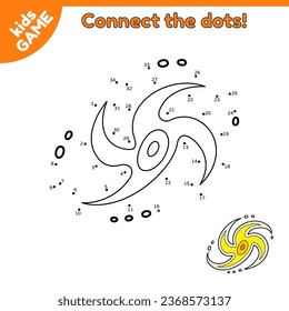 Dot to dot game for children. Connect the dots by numbers and draw a cartoon spiral galaxy in space. Educational activity book. Coloring page. Puzzle for education kids. Vector outline illustration.