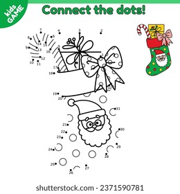 Dot to dot game for children. Connect the dots by numbers and draw a Cartoon Christmas stocking with Santa Claus. Activity book for kids. Baby educational puzzle. Vector Xmas sock with gift and candy.