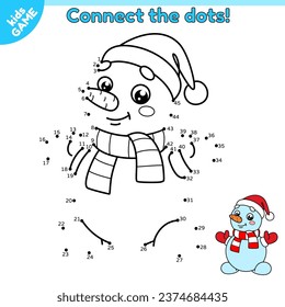 Dot to dot game for children. Connect the dots by numbers and draw a cartoon snowman in scarf and red santa claus hat. Activity book for kids with winter snow character. Educational puzzle. Vector.