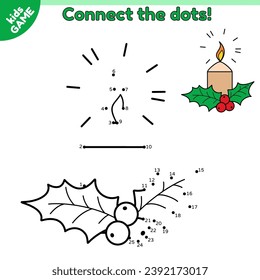Dot to dot game for children. Connect the dots by numbers and draw a Christmas candle with mistletoe. Educational puzzle for kids. New Year holiday activity book for children. Vector illustration.