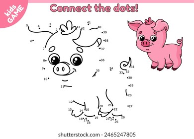 Juego punto a punto para niños. Conecta los puntos por números, dibuja un Pequeño cerdo rosa y coloréalo. Rompecabezas educativo para escolares. Página con lindos lechones. Ilustración vectorial del animal de granja.