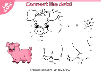 Dot to dot game for children. Connect the dots by numbers, draw a cartoon pink big pig and color it. Educational puzzle for school kids. Page with cute swine. Vector baby illustration of farm animal.
