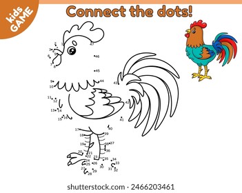 Dot to dot game for children. Connect the dots by numbers, draw a cartoon rooster and color it. Educational puzzle for preschool and school kids. Activity page with farm bird. Vector baby illustration