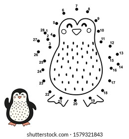 Dot to dot game for children. Connect the numbers and draw a cute penguin. Educational activity for kids. Coloring page for children. Vector illustration