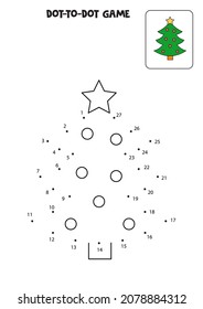 Juego de punto a punto con árbol de Navidad. Conecte los puntos. Juego de matemáticas. Imagen de color y puntos. 