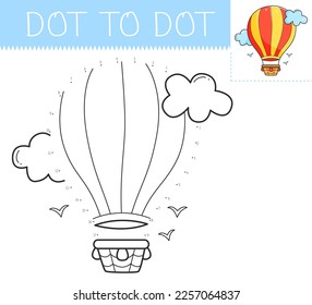 Dot to dot game coloring book with airship for kids. Coloring page with a cute cartoon airship. Connect the dots vector illustration.