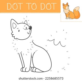 Dot to dot game coloring book with fox for kids. Coloring page with a cute cartoon fox. Connect the dots vector illustration.