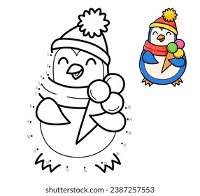 Dot to dot game coloring book with penguin with ice cream for kids. Coloring page with cute cartoon penguin. Connect the dots vector illustration