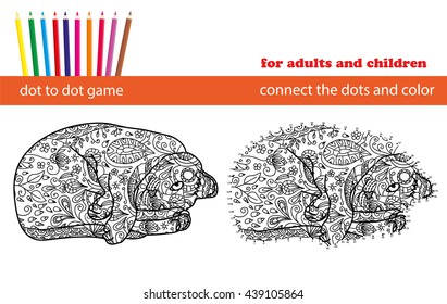 Dot to dot game. Coloring and dot to dot educational game for adults and kids. Cartoon character. Funny cat. Connect the dots and colour the picture. Coloring page