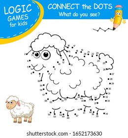 Dot to dot Game. Connect the dots by numbers to draw Sheep. Join all dots and you see which animal is hidden on the picture. Education Game and Coloring Page with cartoon cute Lamb.Logic Game for Kids