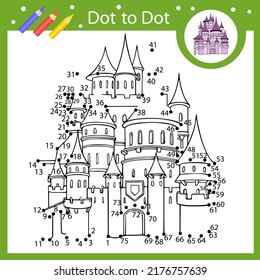 Dot to dot game connect drawing of castle. Kids activity page and coloring book. Children education worksheet with riddle. Vector illustration.