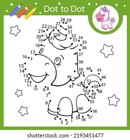 Juego punto a punto conecta el dibujo de unicornio lindo. Página de actividades del acertijo educativo infantil y libro de coloreo con animales de dibujos animados. Hoja de trabajo secundaria. Ilustración vectorial.