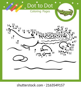 Juego de punto a punto. Conéctate de un cocodrilo. Página de actividad de acertijo infantil y libro de colorear. Dibujo por números. Hoja de trabajo sobre educación infantil. Ilustración vectorial.