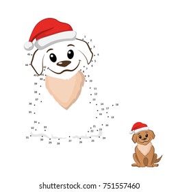 Dot to dot game. Connect puzzle. Funny puppy in christmas hat. Brown dog in cartoon style. Vector illustration