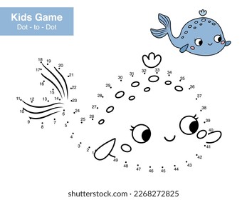 Juego de punto a punto. Ballena de dibujos animados. Animales marinos. Aprende números. Rompecabezas educativo. Página de actividades impresas para niños. Conecte los puntos y el color. Ilustración vectorial.