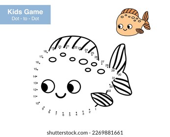 Dot to dot game. Cute fish. Cartoon sea animals. Learn numbers. Educational puzzle. Printable activity page for children. Connect the dots and color. Vector illustration.