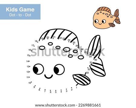 Dot to dot game. Cute fish. Cartoon sea animals. Learn numbers. Educational puzzle. Printable activity page for children. Connect the dots and color. Vector illustration.