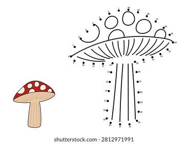 Dot to dot game with cute toadstool. Printable autumn mushroom drawing activity page for kids and classroom. Vector illustration