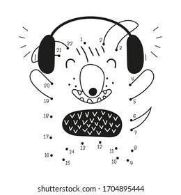 Dot to dot game - dog with headphones. Numbers games for kids. Coloring page. Vector illustration.