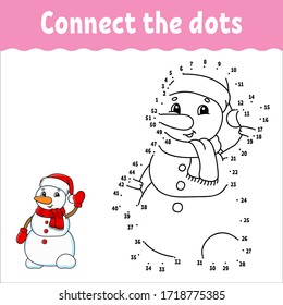 Dot to dot game. Draw a line. Christmas snowman. For kids. Activity worksheet. Coloring book. With answer. Cartoon character.
