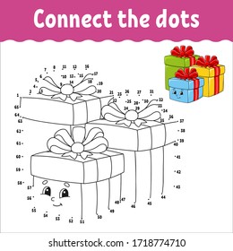 Juego de punto a punto. Dibuja una línea. Cajas de vacaciones con regalos decorados con cintas con arcos. Para los niños. Hoja de cálculo de actividad. Libro de colorear. Con respuesta. Caricatura.