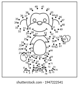 Dot to dot game with drawing of monkey. Education kids worksheet, activity page for numbers learn. Drawing tutorial. Coloring page.