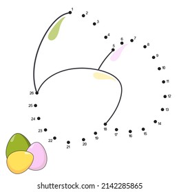 Juego de punto a punto. Huevos de Pascua. Conecte los puntos por números para dibujar la caricatura Paschal Eggs. Juego lógico y página de color con respuesta. Hoja de trabajo de educación de Pascua para niños que practican el recuento 1-26.