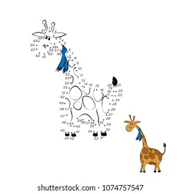 Dot to dot game. Educational number puzzle for kids. Animals of zoo. Giraffe in cartoon style. Isolated cute character. Vector illustration