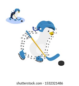 Dot to dot game. Educational number puzzle for kids. Penguin playing hockey. Funny bird in cartoon style. Isolated cute character. Vector illustration