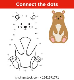 Dot to dot game, educational numbers game for children. Cartoon vector bear. Forest animals.