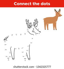 Dot to dot game, educational numbers game for children. Cartoon vector deer. Woodland animals.