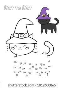 Dot to dot game. Educational worksheet for preschool kids. Learn numbers. Cute black cat with witch hat. Coloring book. Halloween theme.