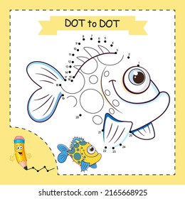 Dot to dot Game. Exotic Fish. Connect the dots by numbers to draw the ocean Fish. Game and Coloring Page with cartoon cute Fish. Logic Game for Kids. Education card for kids learning counting number.
