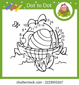 Dot to dot game. Finish the image of basket with easter eggs. Kids drawing activity page and coloring book. Drawn by numbers. Children education worksheet. Vector illustration.