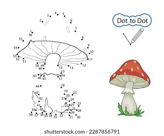 Dot to dot game. Finish the image of mushroom. Kids drawing riddle on activity page and coloring book. Drawn by numbers. Children education worksheet. Vector illustration.