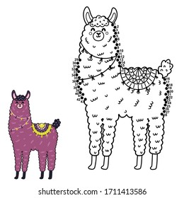 Dot to dot game with funny llama. Join the numbers and draw alpaca. Educational activity for kids. Vector illustration