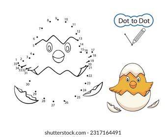 Dot to dot game. Kids activity education worksheet. Children art game with drawing image of cute chick. Drawing riddle by numbers. Vector illustration.