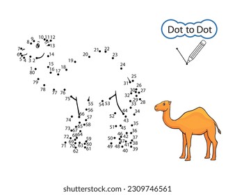 Dot to dot game. Kids art activity education worksheet. Finish drawing image of cute camel. Children drawn riddle by numbers. Vector illustration.