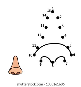 Dot to dot game for kids. Connect the dots and draw a nose.  Body parts puzzle. Vector illustration