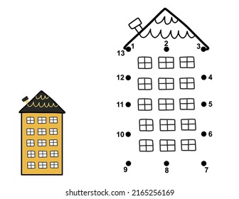 Dot to dot game for kids. Connect the dots and draw a house worksheet. Learning rectangle shape activity page. Vector illustration