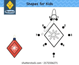 Dot to dot game for kids. Connect the dots and draw a cute Christmas tree toy. Learning rhombus shape activity page. Vector illustration
