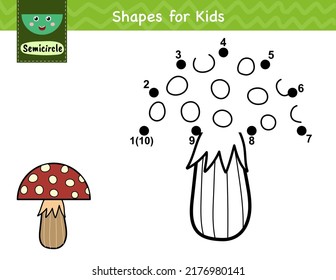 Dot to dot game for kids. Connect the dots and draw a cute mushroom. Learning semicircle shape activity page. Vector illustration