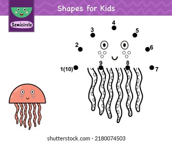 Dot to dot game for kids. Connect the dots and draw a cute jellyfish. Learning semicircle shape activity page. Vector illustration