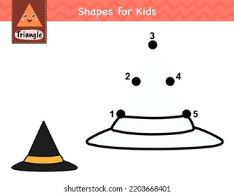 Dot to dot game for kids. Connect the dots and draw a witch hat. Learning triangle shape activity page. Vector illustration