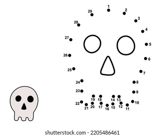 Dot to dot game for kids. Connect the dots and draw a cute skull. Halloween puzzle activity page for children. Vector illustration