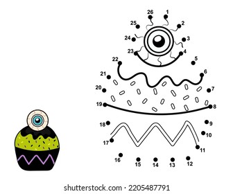 Dot to dot game for kids. Connect the dots and draw a spooky cupcake with eyeball. Halloween puzzle activity page for children. Vector illustration