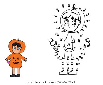 Dot To Dot Game For Kids. Connect The Dots And Draw A Cute Kid In Pumpkin Costume. Halloween Puzzle Activity Page For Children. Vector Illustration