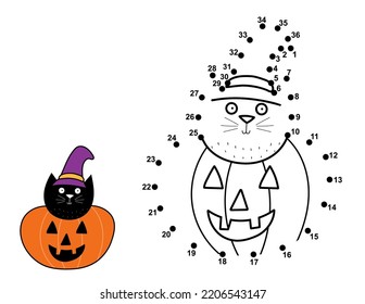 Dot to dot game for kids. Connect the dots and draw a cat in hat on pumpkin. Halloween puzzle activity page for children. Vector illustration