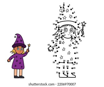 Dot to dot game for kids. Connect the dots and draw a cute girl in witch costume. Halloween puzzle activity page for children. Vector illustration